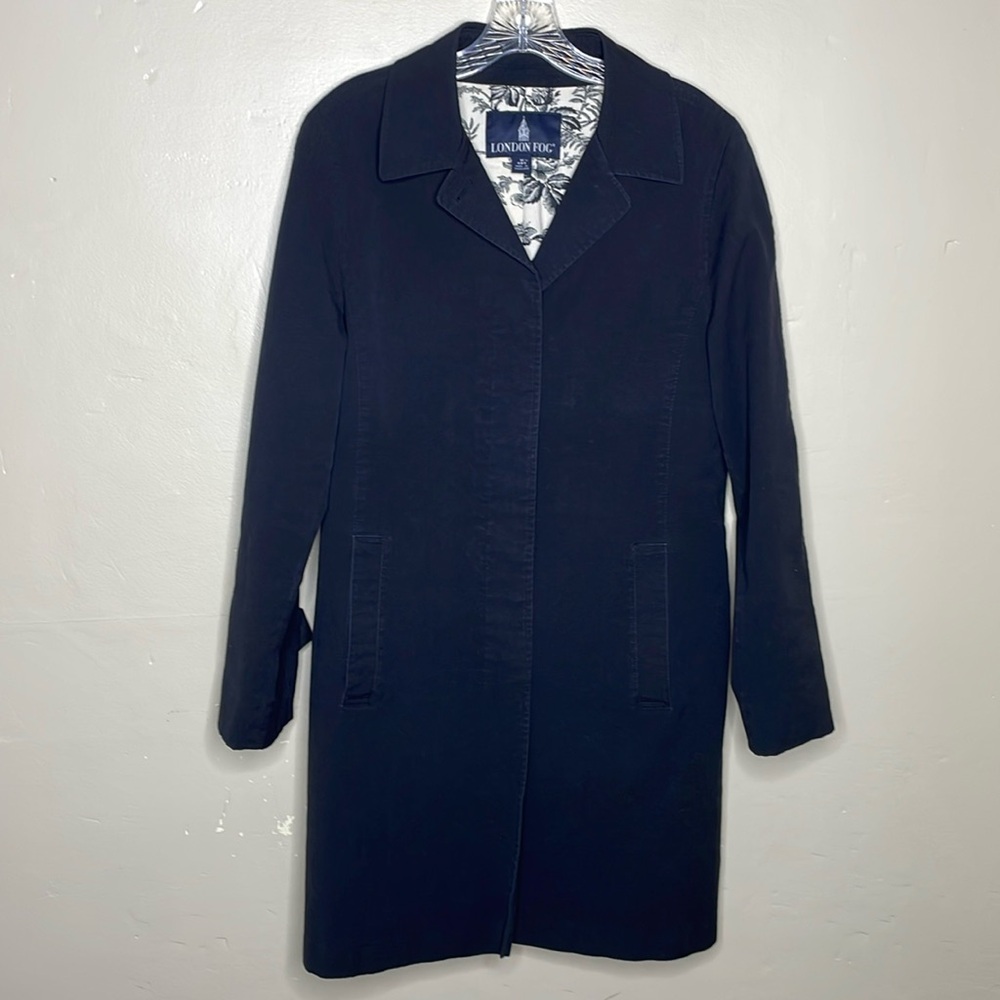 LONDON FOG Mac Coat Charcoal Black Hidden Zipper Pockets Patterned Lining Medium